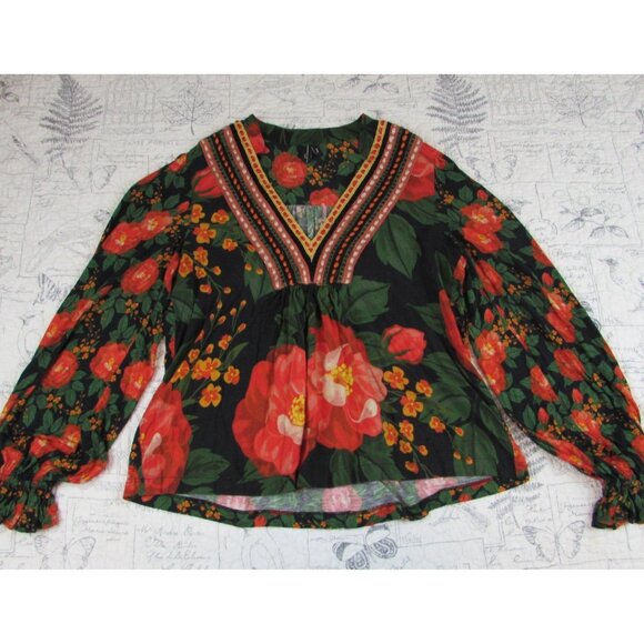 BL^NK LONDON Anthropologie Blouse Stephanie Boho Black Peasant Flowers Small s - Picture 2 of 12